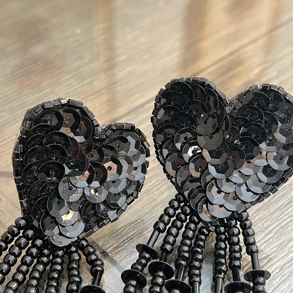 Vintage 80’s Black Sequin & Beaded Heart Clip Earrings
